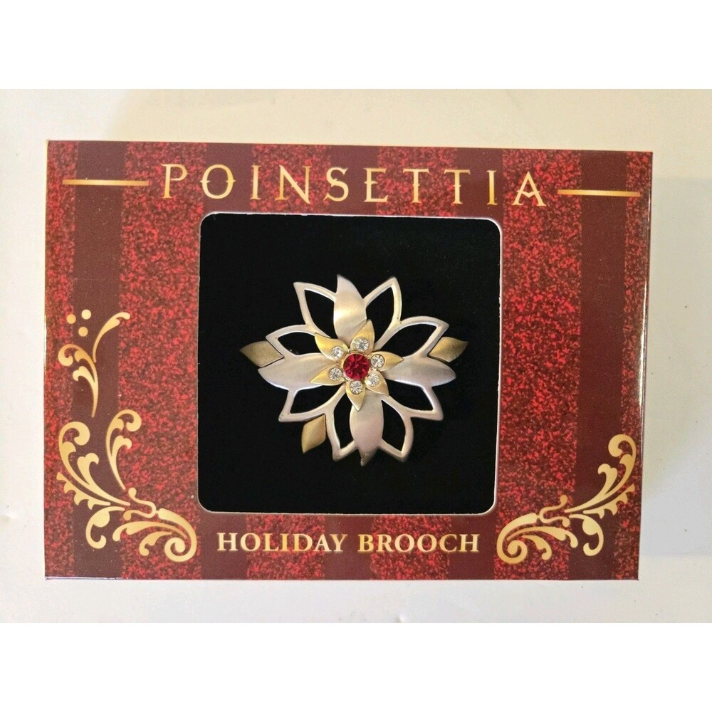 Poinsettia Holiday Broach Pin 2 ¼" Silver and Gold Tone New